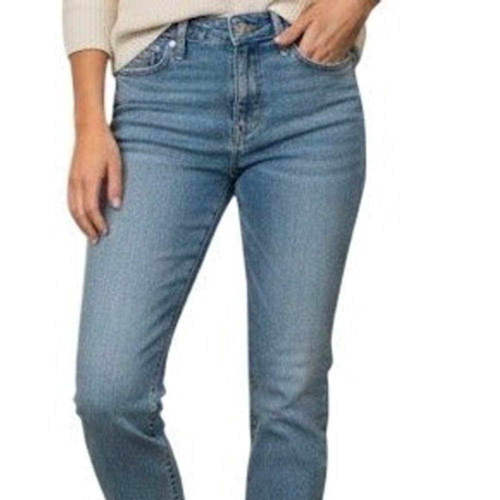 Free People High Rise Straight Leg Light‎ Wash Blue Jeans Side Slit Size 27R